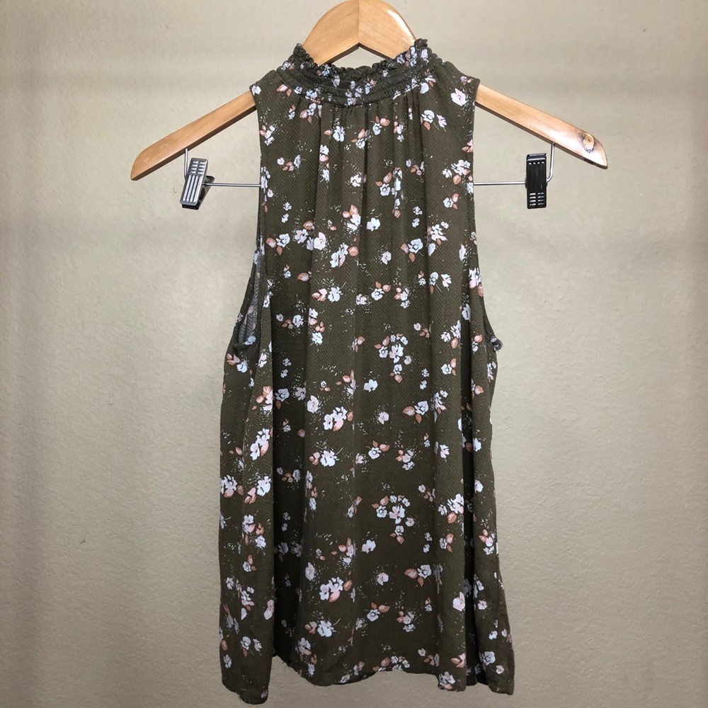 Floral green mock neck tank